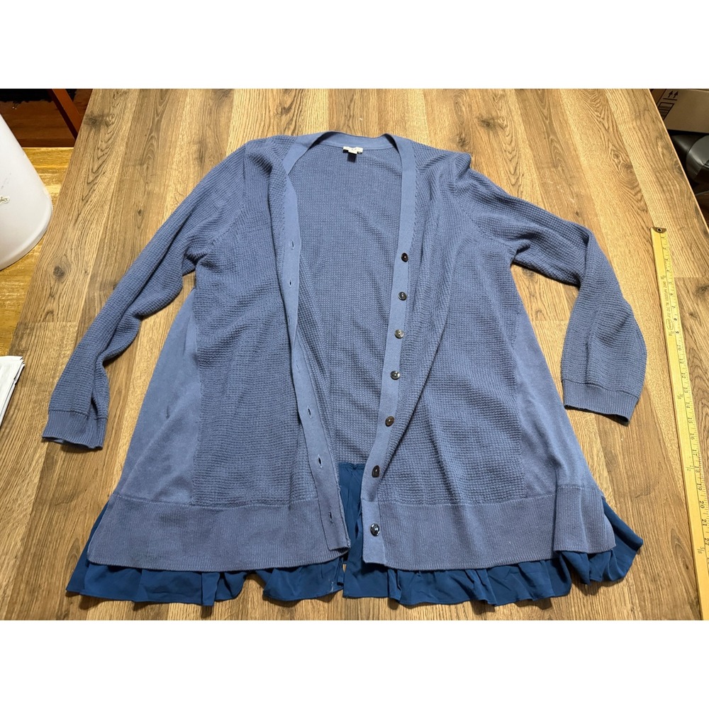 LOGO Lori Goldstein Sweater Womens Size XL Blue Cardigan Ruffle Hem Waffle Knit